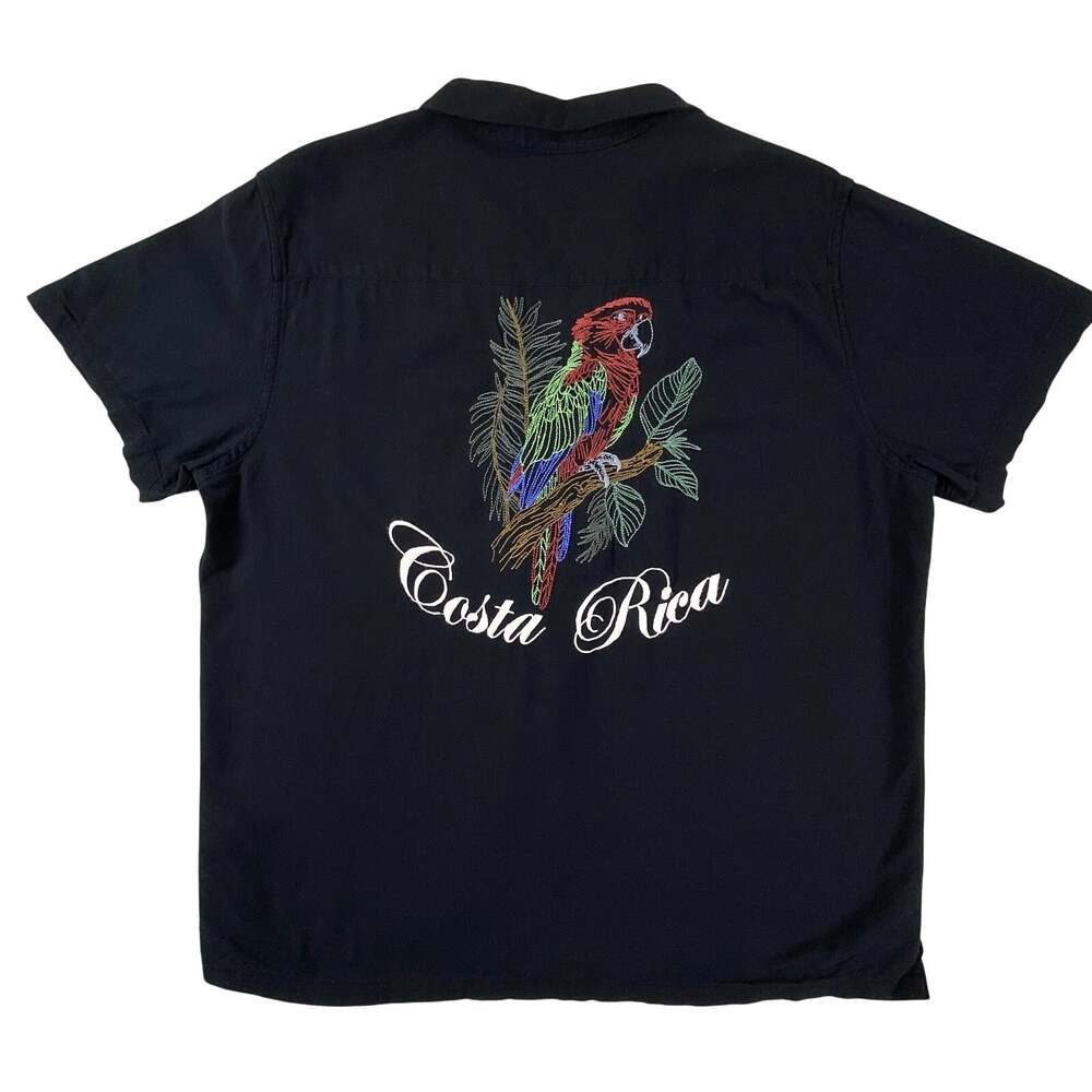 Costa Rica Parrot Shirt Mens L Black Tropical Embroidered Button Up Linen Blend